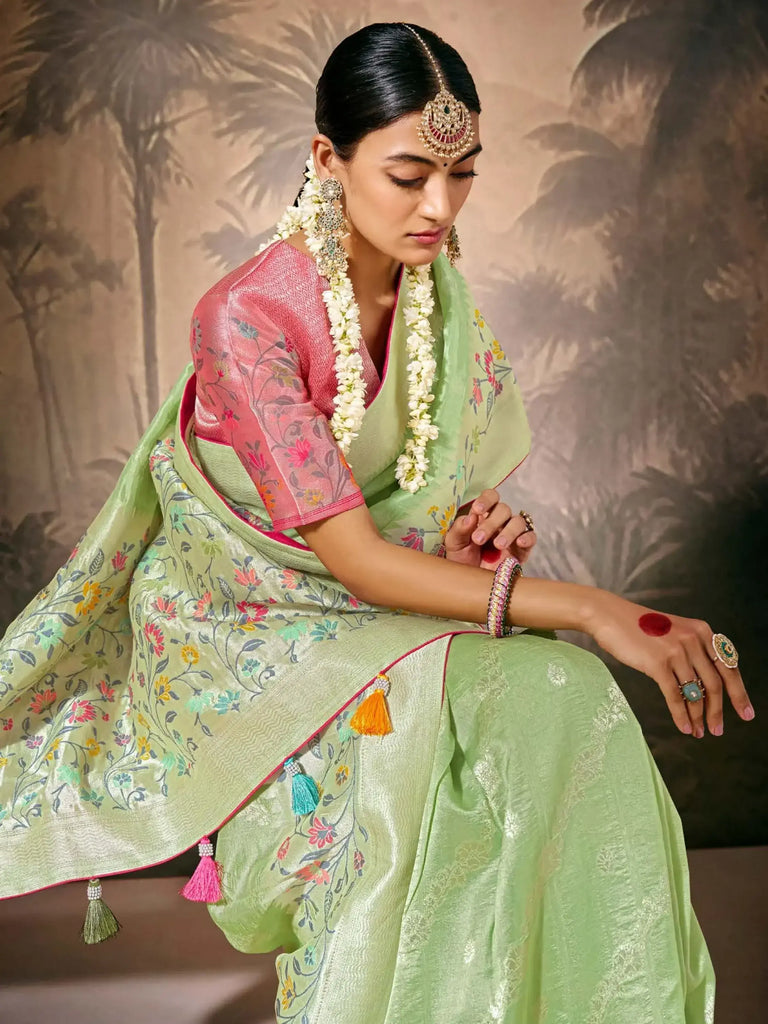 Fantastical Pista Green Weaving Silk Wedding Wear Saree With Blouse