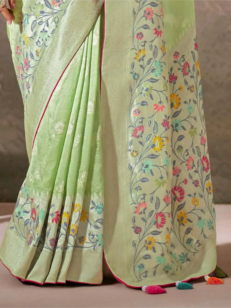 Fantastical Pista Green Weaving Silk Wedding Wear Saree With Blouse