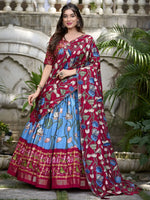 Ravishing Blue Printed Silk Navratri Wear Lehenga Choli With Dupatta