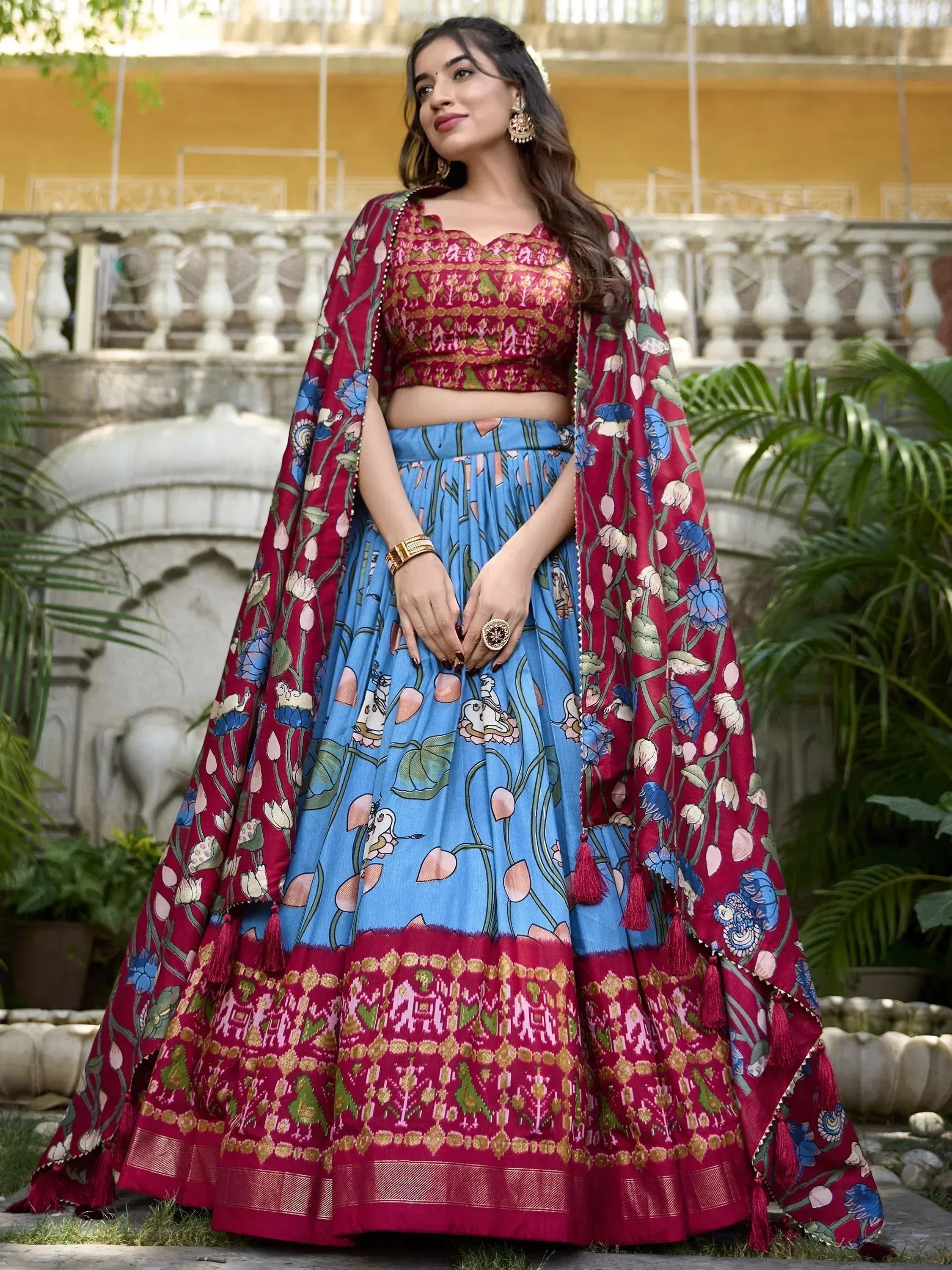 Blue and maroon floral print lehenga choli with dupatta, Indian ethnic wear for women