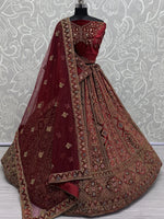Ravishing Maroon Embroidered Velvet Bridal Lehenga Choli With Double Dupatta