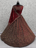 Ravishing Maroon Embroidered Velvet Bridal Lehenga Choli With Double Dupatta - Ethnic Plus In