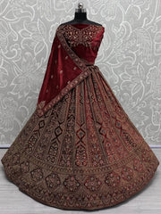 Ravishing Maroon Embroidered Velvet Bridal Lehenga Choli With Double Dupatta - Ethnic Plus In