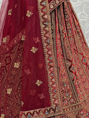 Ravishing Maroon Embroidered Velvet Bridal Lehenga Choli With Double Dupatta - Ethnic Plus In