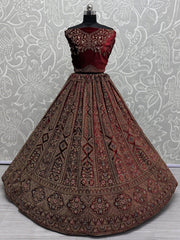 Ravishing Maroon Embroidered Velvet Bridal Lehenga Choli With Double Dupatta - Ethnic Plus In