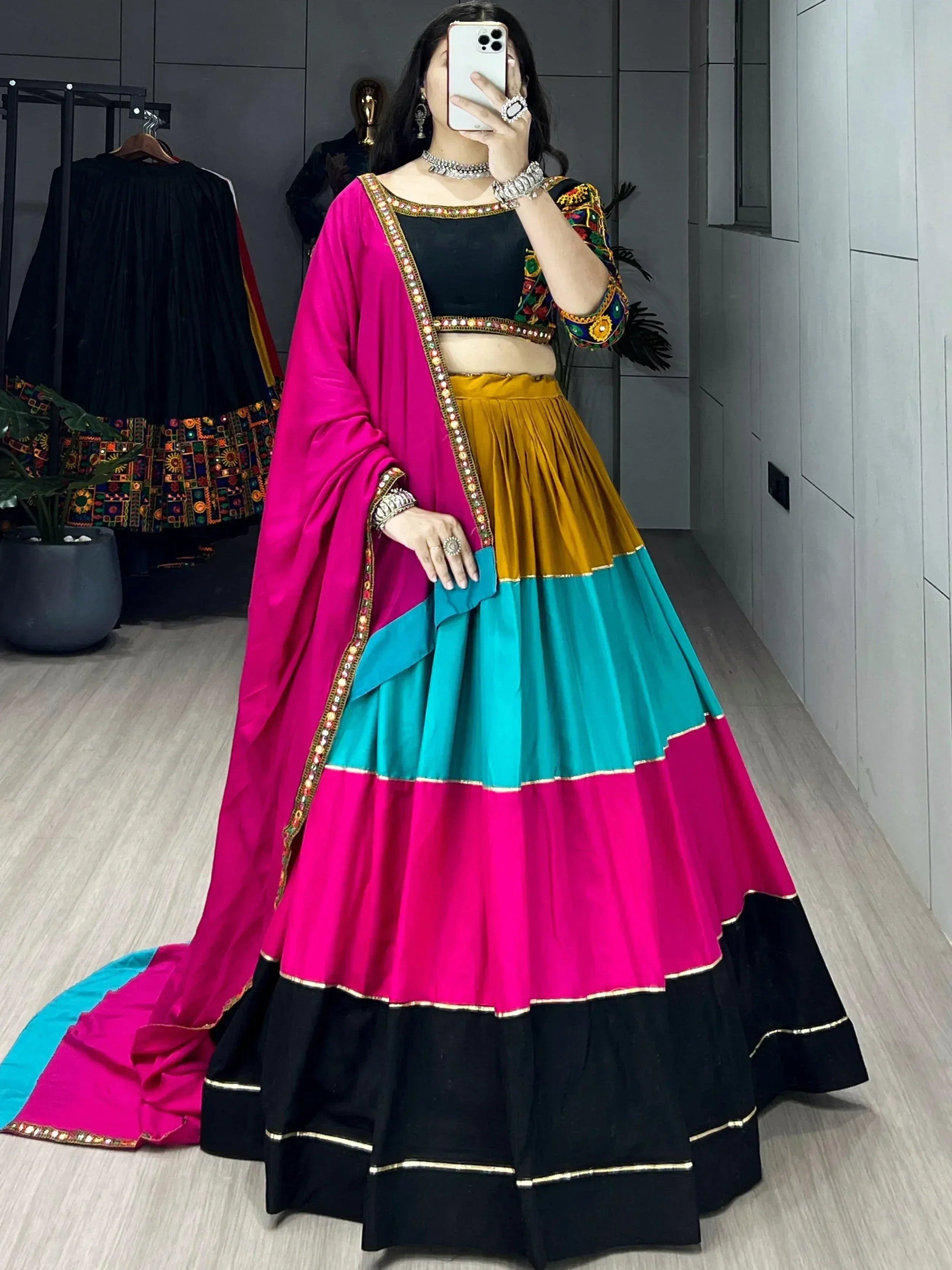 Vibrant multicolor lehenga choli with embroidered dupatta, perfect for Indian ethnic wear occasions