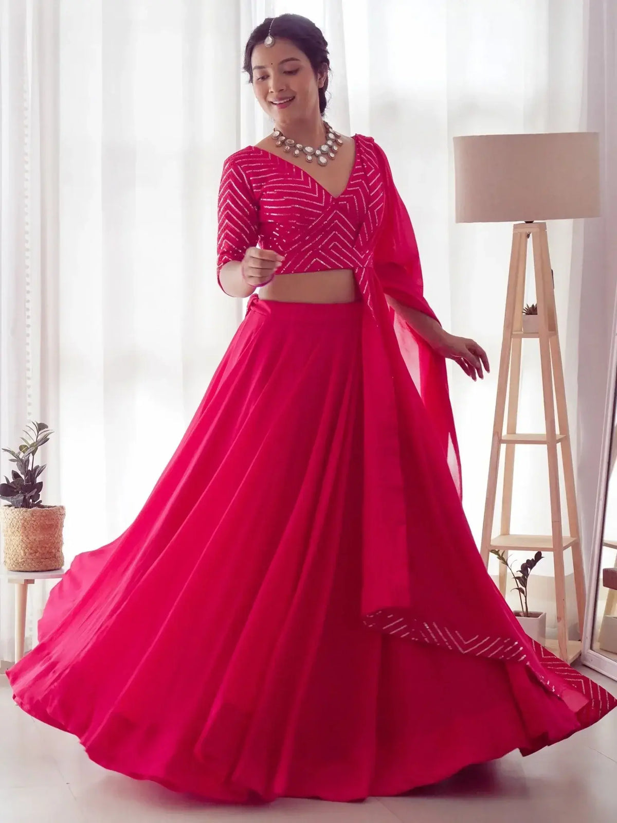 Ravishing Rani Pink Sequins Georgette Function Wear Lehenga Choli - Ethnic Plus In