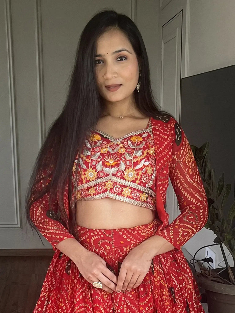 Ravishing Red Bandhani Printed Georgette Lehenga Choli With Jacket - Ethnic Plus In