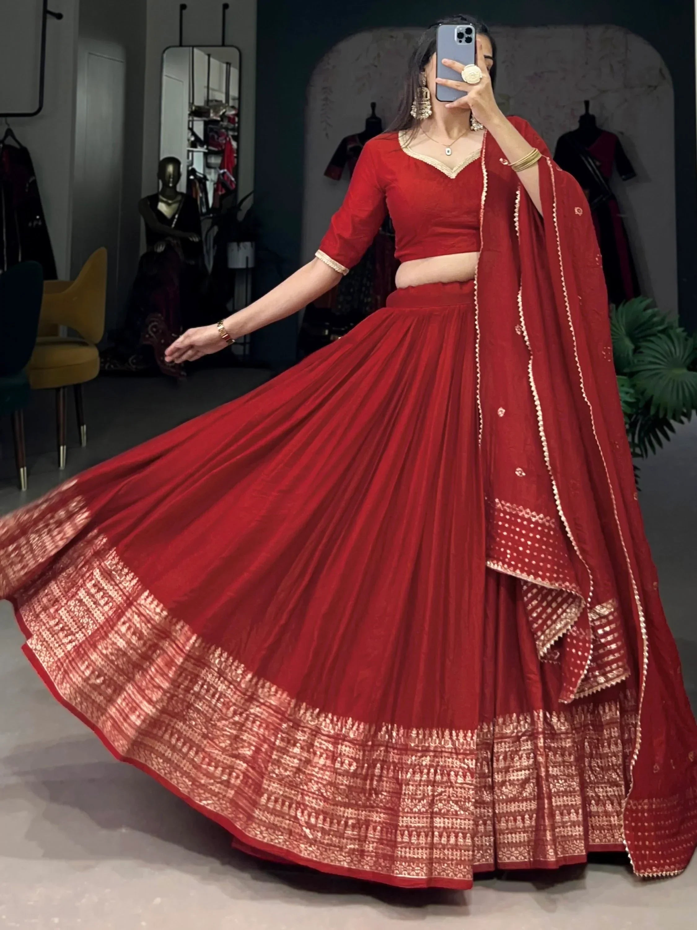 Ravishing Red Border Work Chanderi Silk Wedding Lehenga With Blouse - Ethnic Plus In