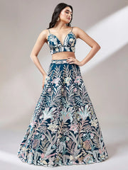 Ravishing Teal Blue Color Sequins Soft Net Party Wear Lehenga Choli - Ethnic Plus In