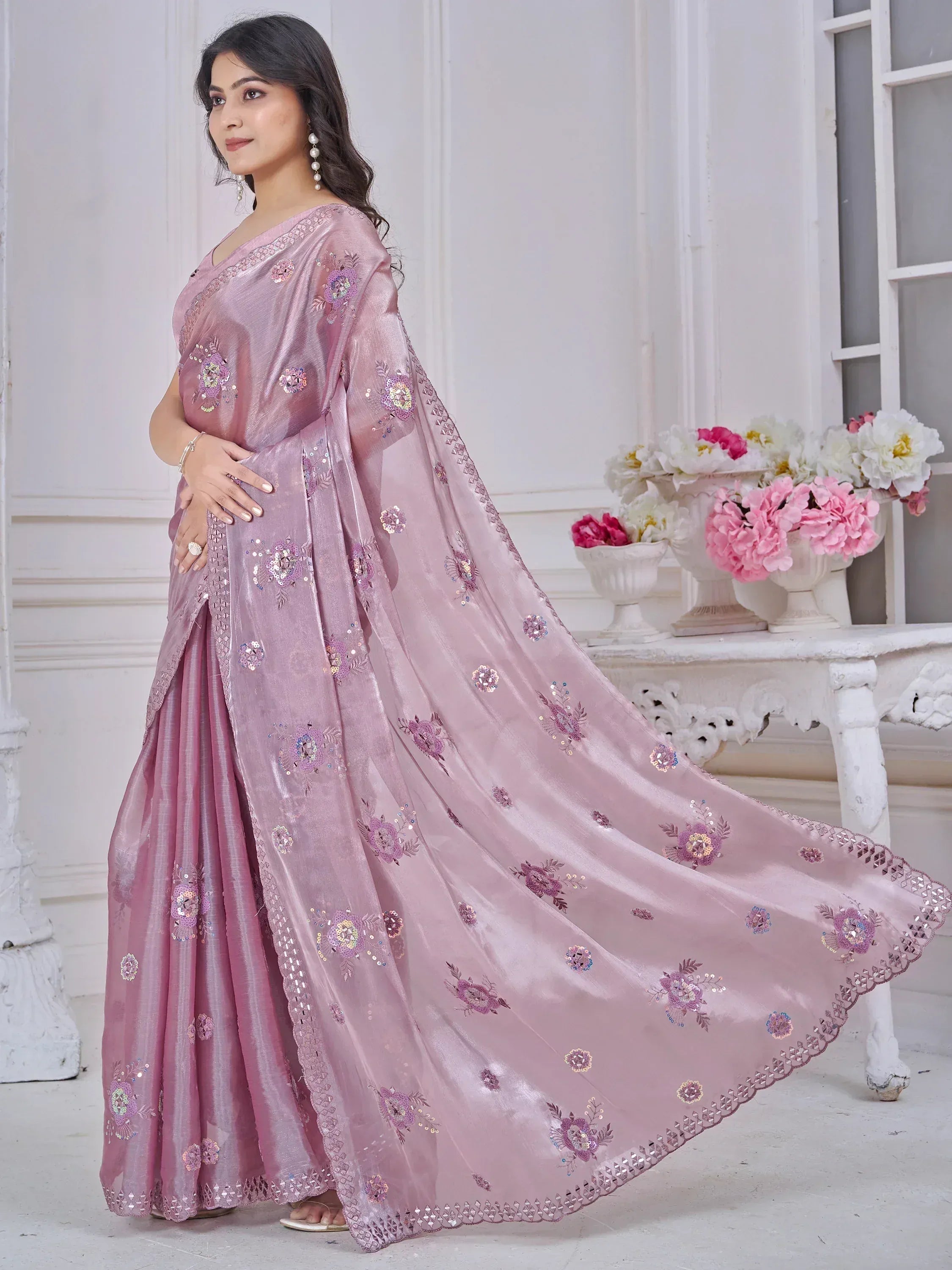 Pink floral embroidered saree with sequins, Indian ethnic wear for women
