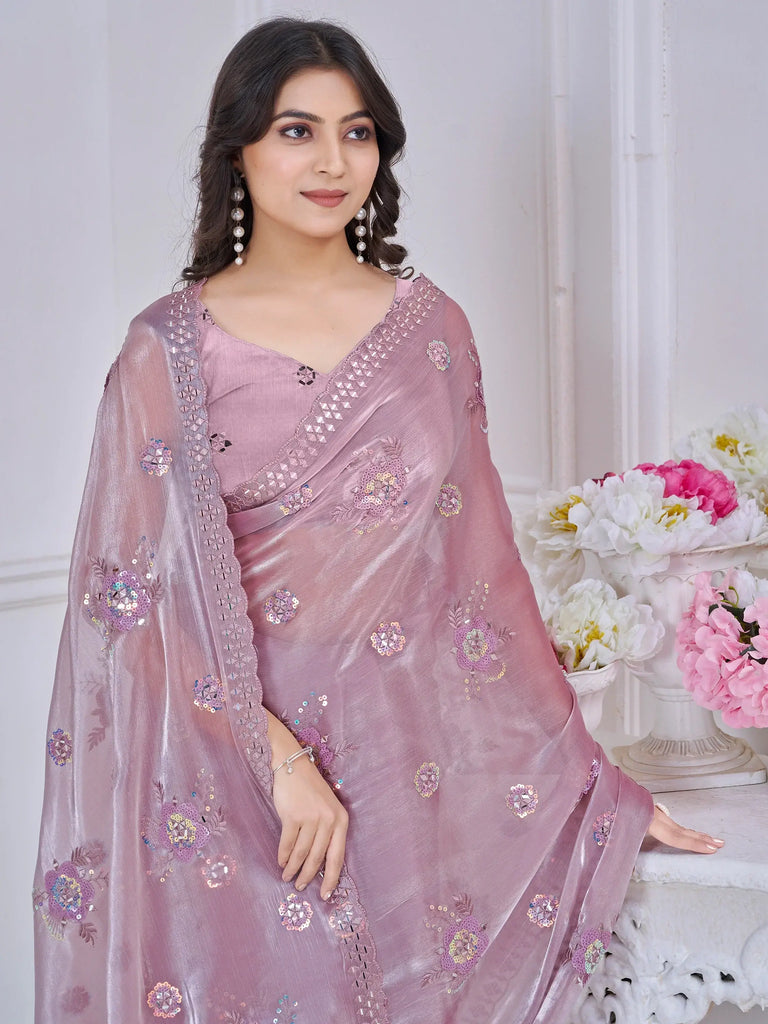 Ravishing Pink Sequins Organza Reception Wear Saree With Blouse