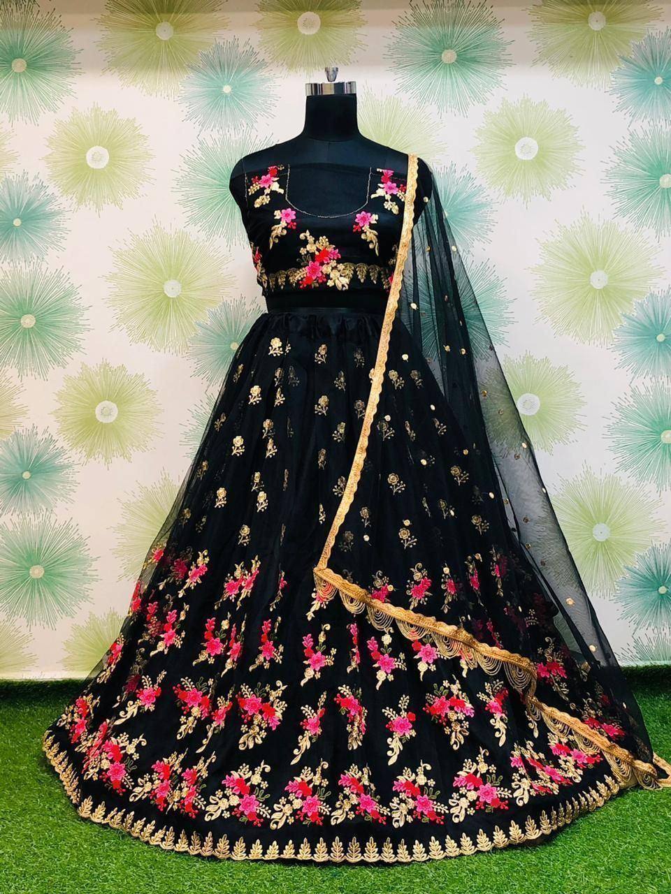 Black lehenga choli with pink and gold floral embroidery, perfect for Indian ethnic wear events