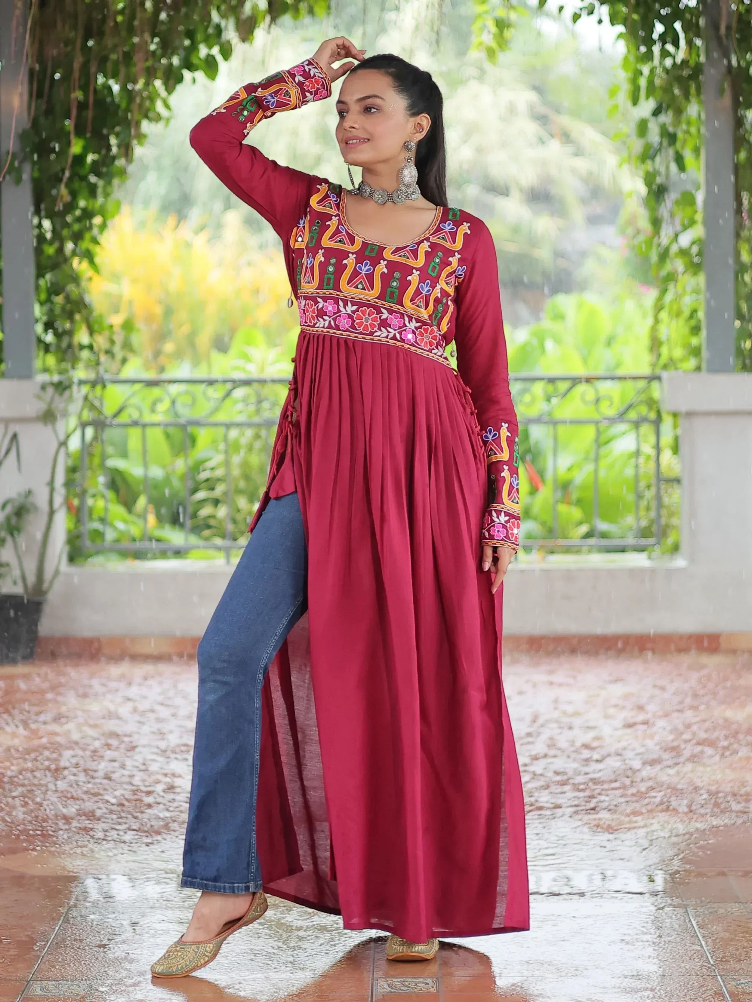 Maroon embroidered ethnic kurta with jeans, perfect for Indian wear and festive occasions.