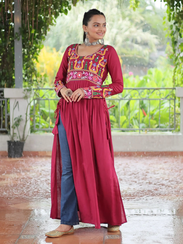 Adorable Red Gamthi Work Navratri Wear Nayra Cut Kurti