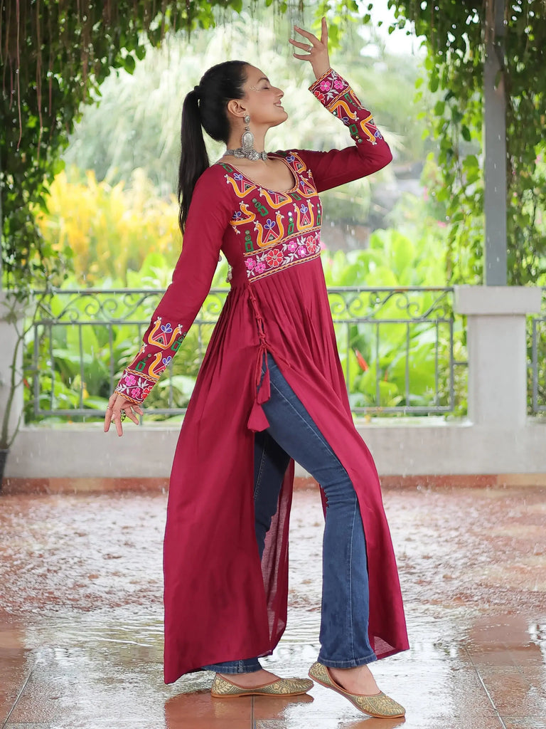 Adorable Red Gamthi Work Navratri Wear Nayra Cut Kurti