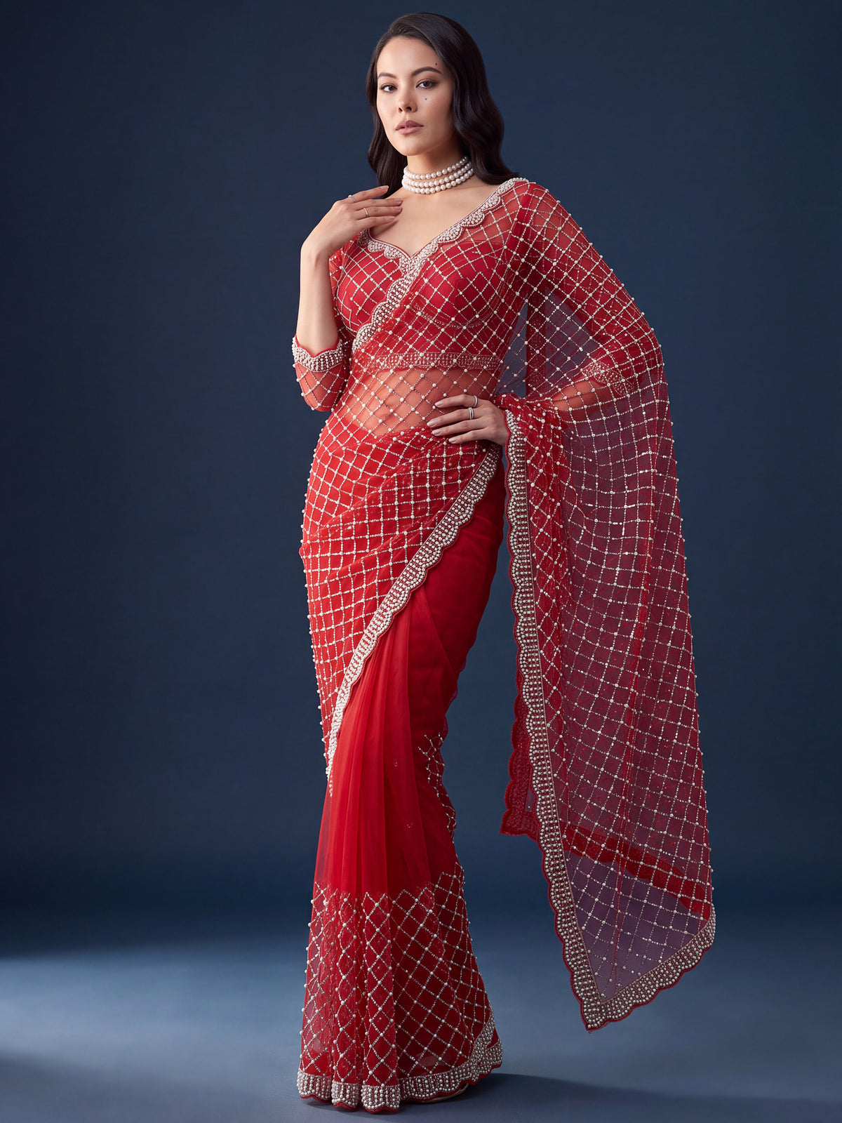 Stupendous Red Bead Embroidered Net Bridal Wear Saree With Blouse