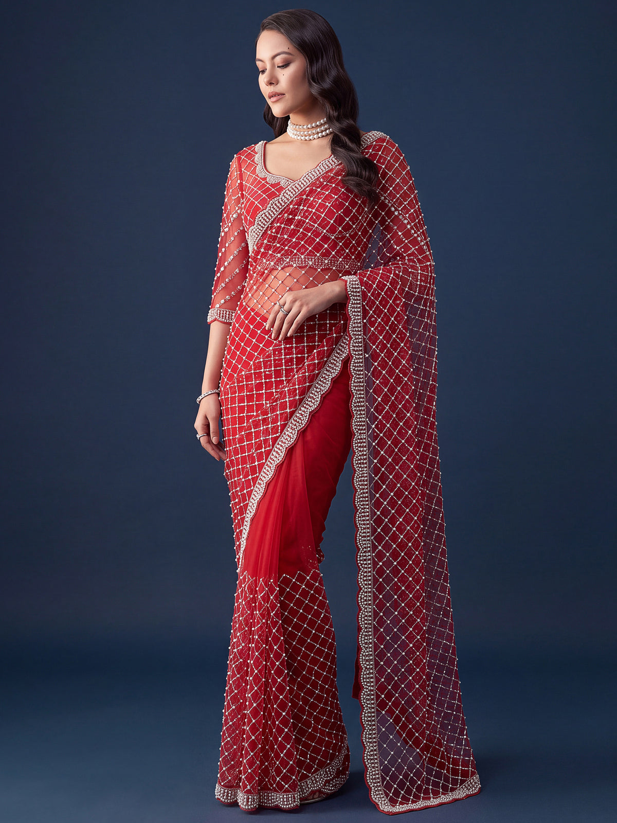 Stupendous Red Bead Embroidered Net Bridal Wear Saree With Blouse