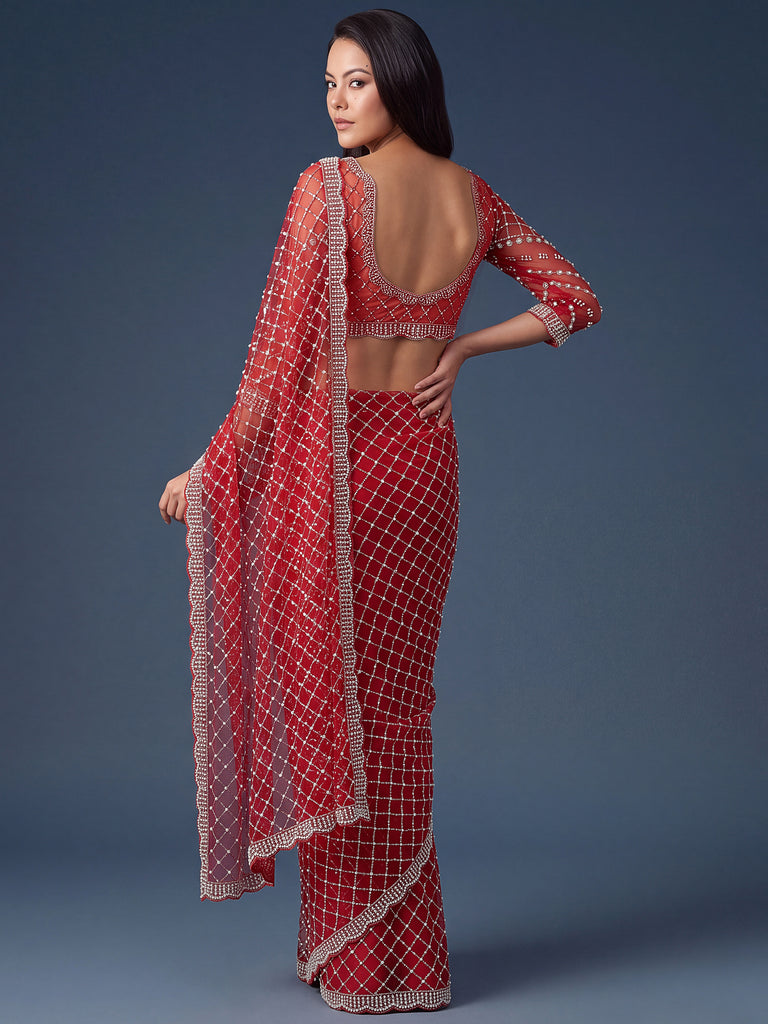 Stupendous Red Bead Embroidered Net Bridal Wear Saree With Blouse