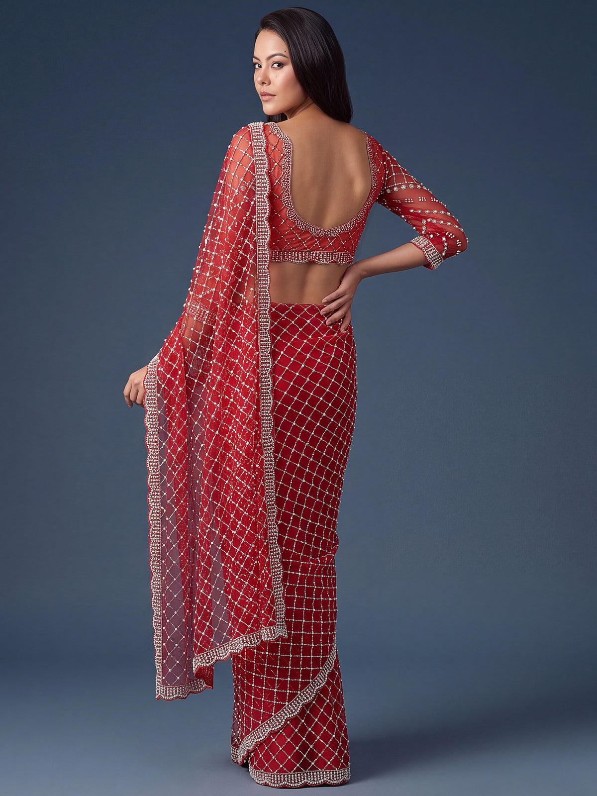 Stupendous Red Bead Embroidered Net Bridal Wear Saree With Blouse