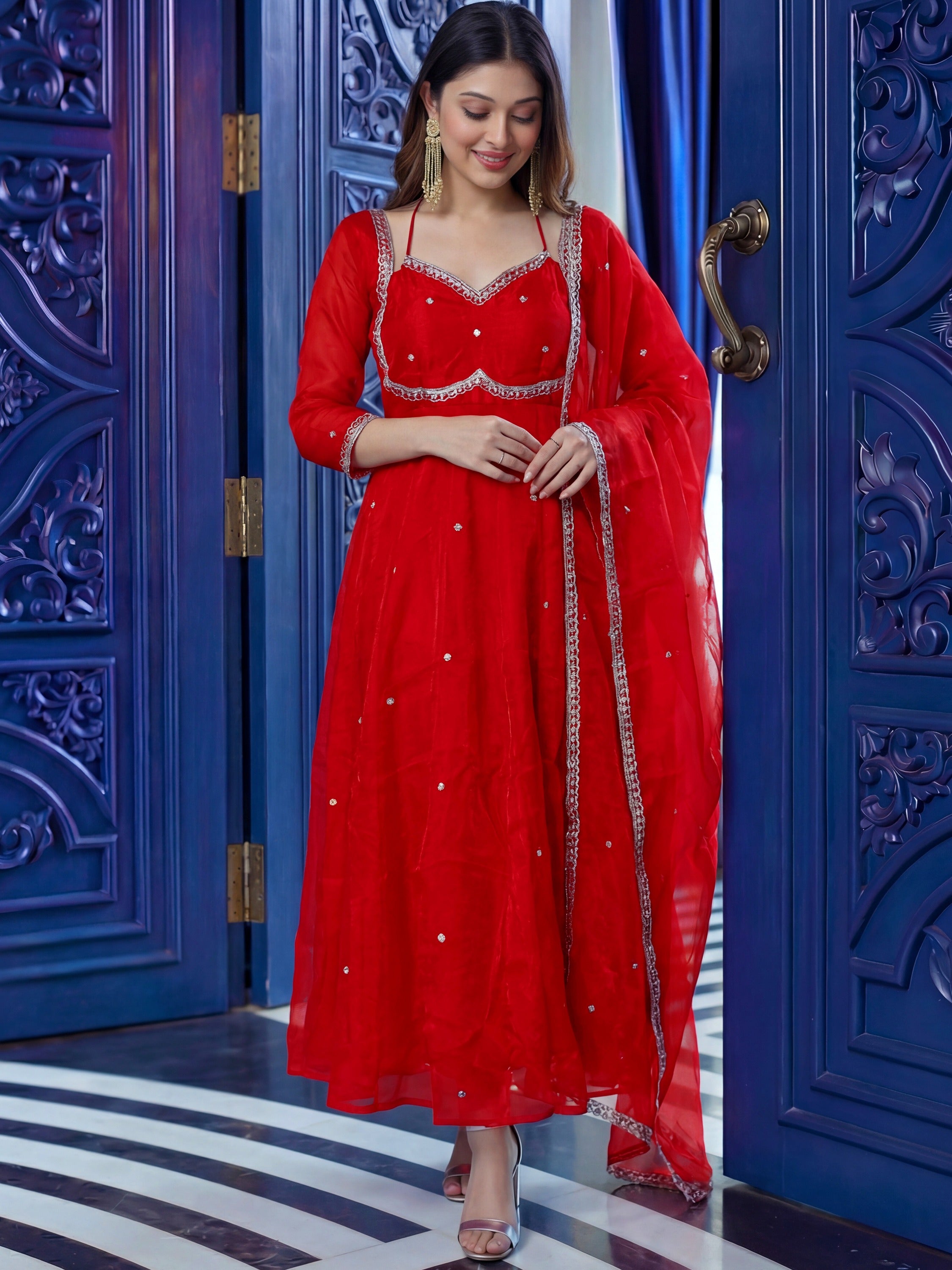 Attractive Red Embroidered Silk Reception Wear Anarkali Gown