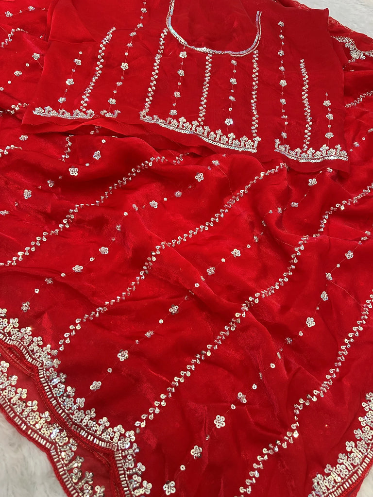 Glowing Red Beads Work Satin Reception Wear Saree With Blouse