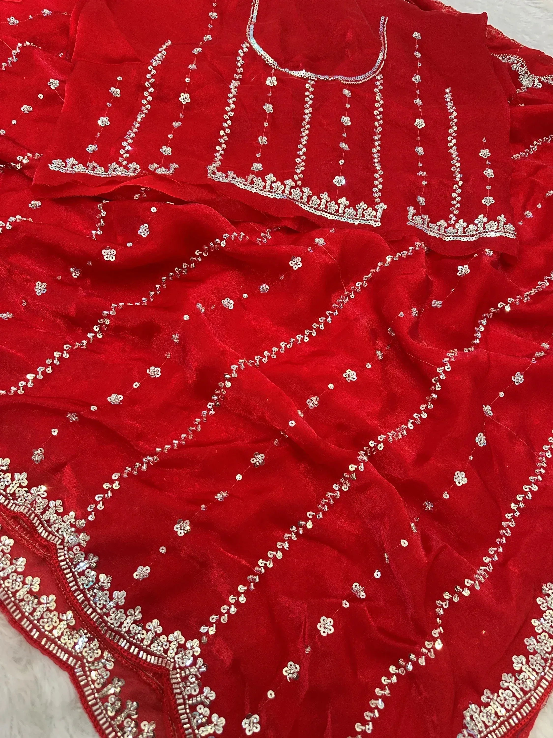 Glowing Red Beads Work Satin Reception Wear Saree With Blouse
