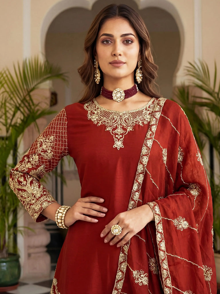 Precious Red Zari Embroidered Chinon Festive Wear Palazzo Suit