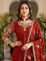 Precious Red Zari Embroidered Chinon Festive Wear Palazzo Suit