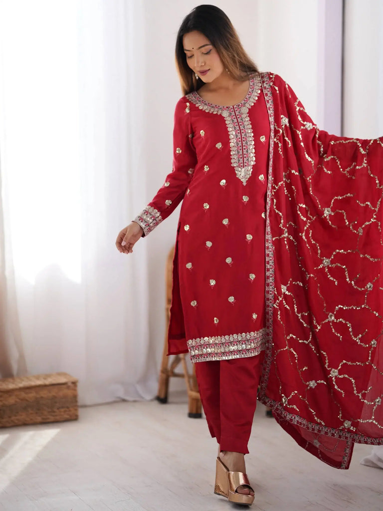 Marvelous Red Thread Work Chinon Festive Wear Pant Suit With Dupatta