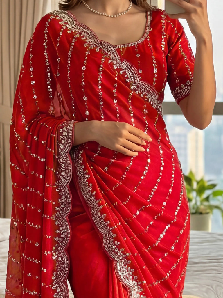 Glowing Red Beads Work Satin Reception Wear Saree With Blouse