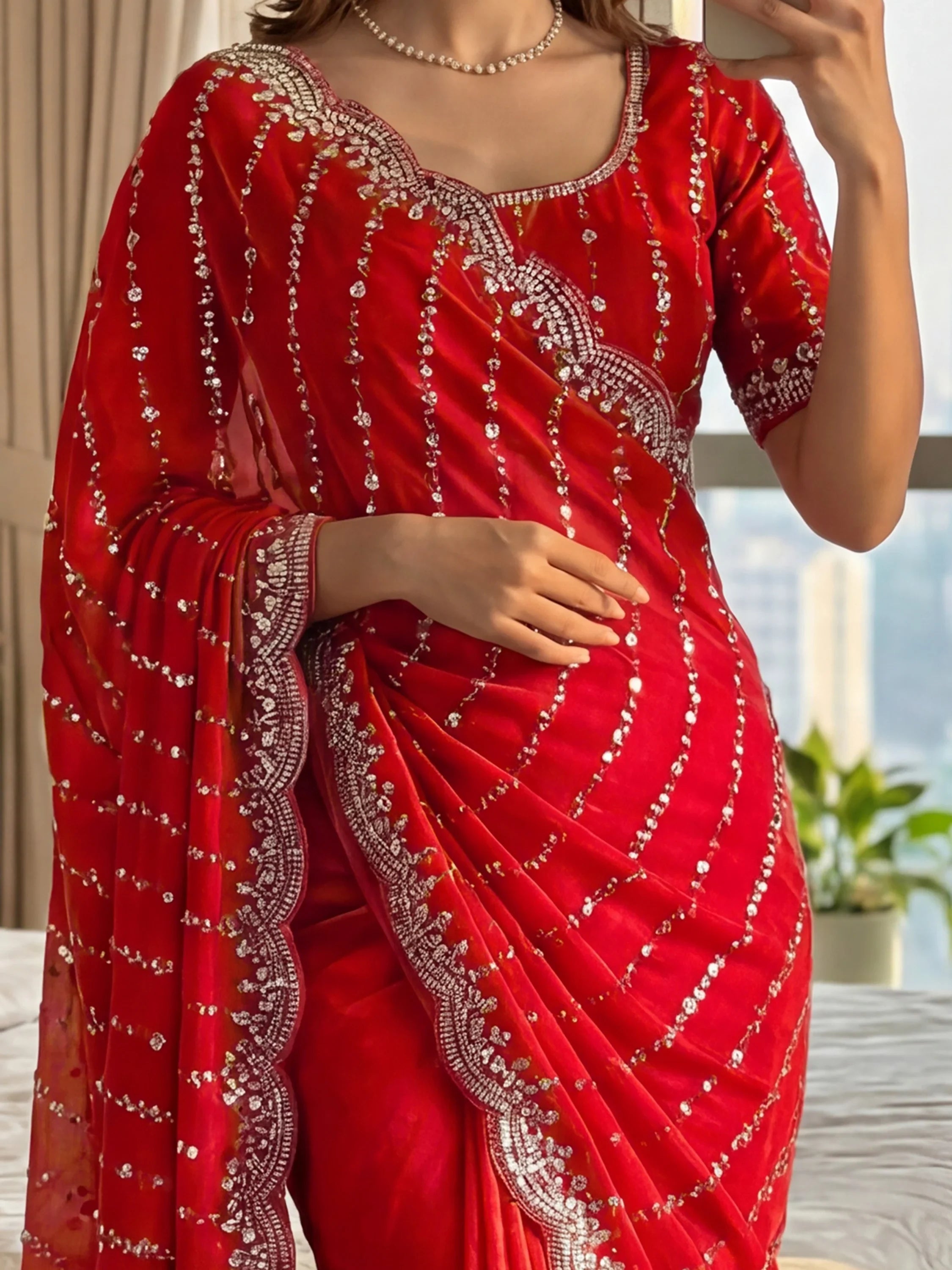 Glowing Red Beads Work Satin Reception Wear Saree With Blouse