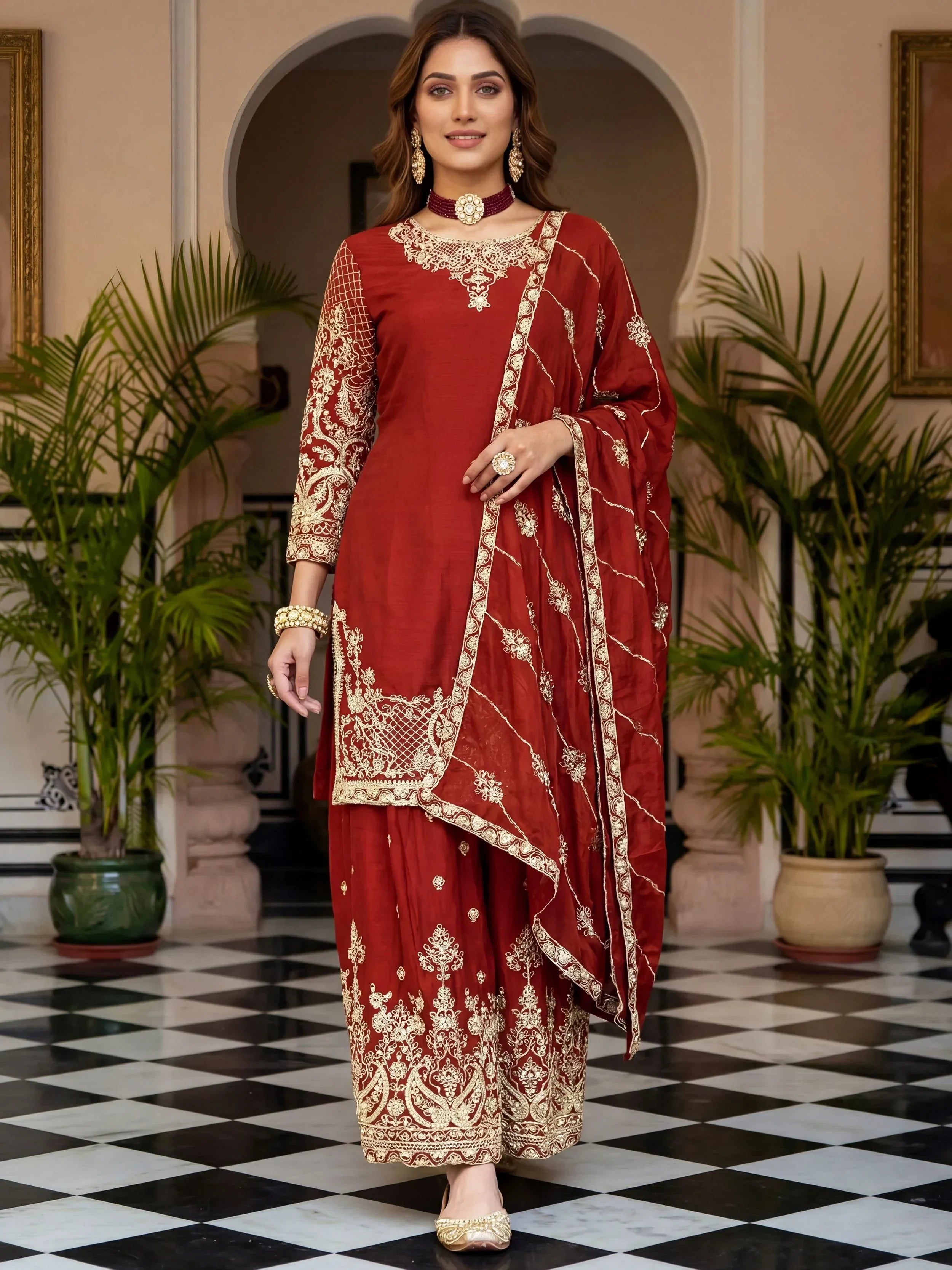Precious Red Zari Embroidered Chinon Festive Wear Palazzo Suit