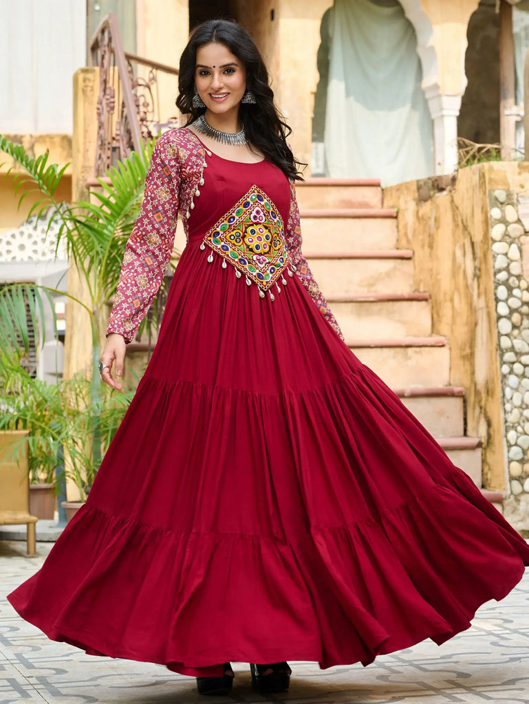 Delicate Red Rayon Gamthi Work Navratri Wear Layered Gown