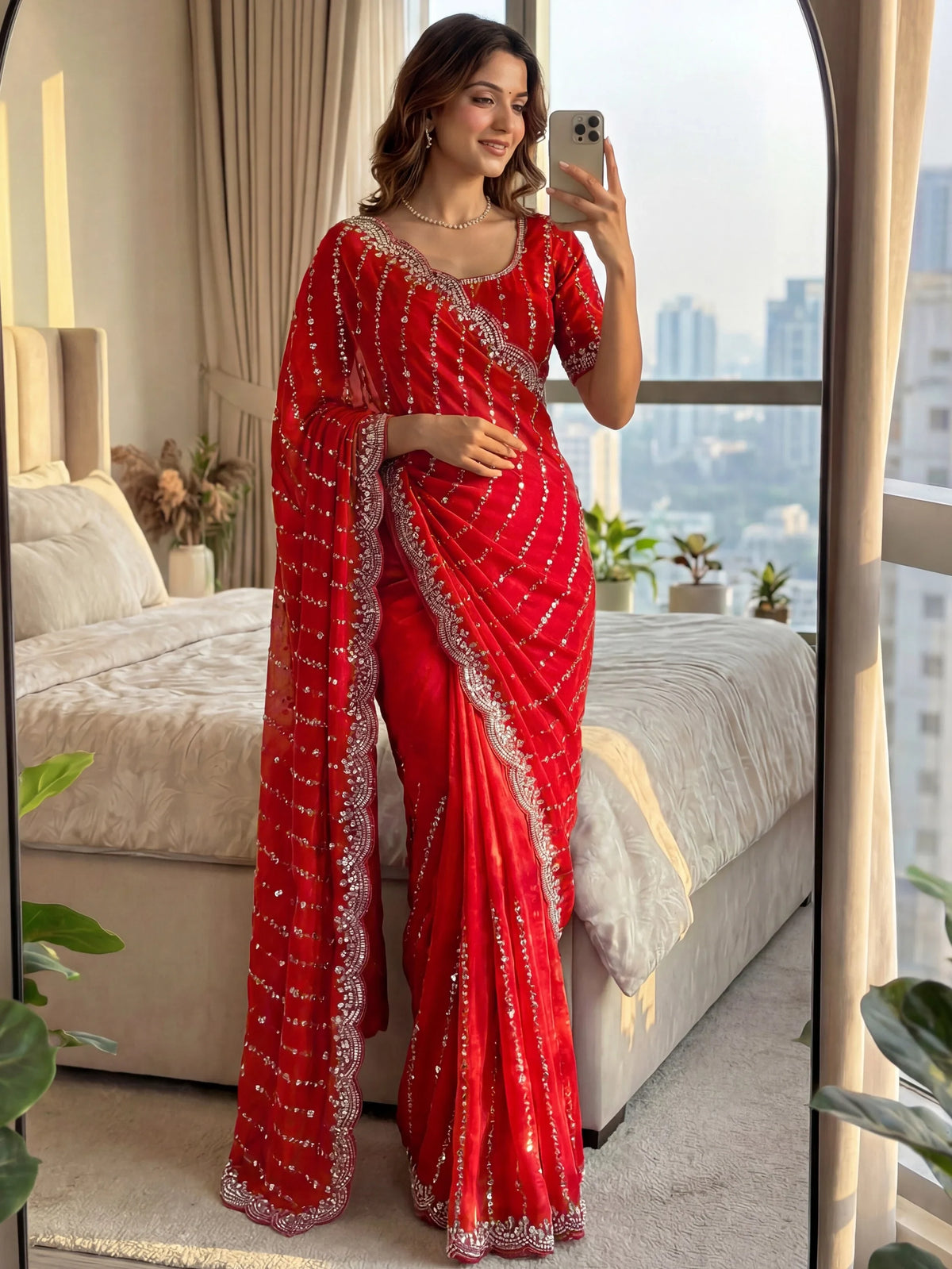 Glowing Red Beads Work Satin Reception Wear Saree With Blouse