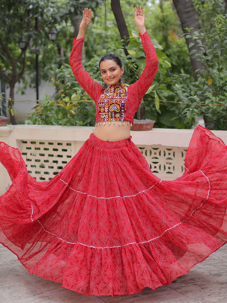 Beautiful Red Gota Patti Work Georgette Navratri Wear Crop Top Lehenga