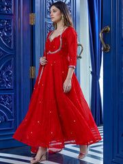 Attractive Red Embroidered Silk Reception Wear Anarkali Gown