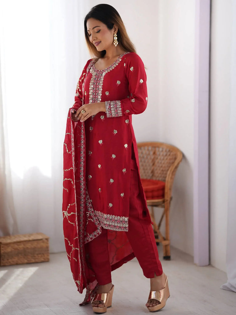 Marvelous Red Thread Work Chinon Festive Wear Pant Suit With Dupatta