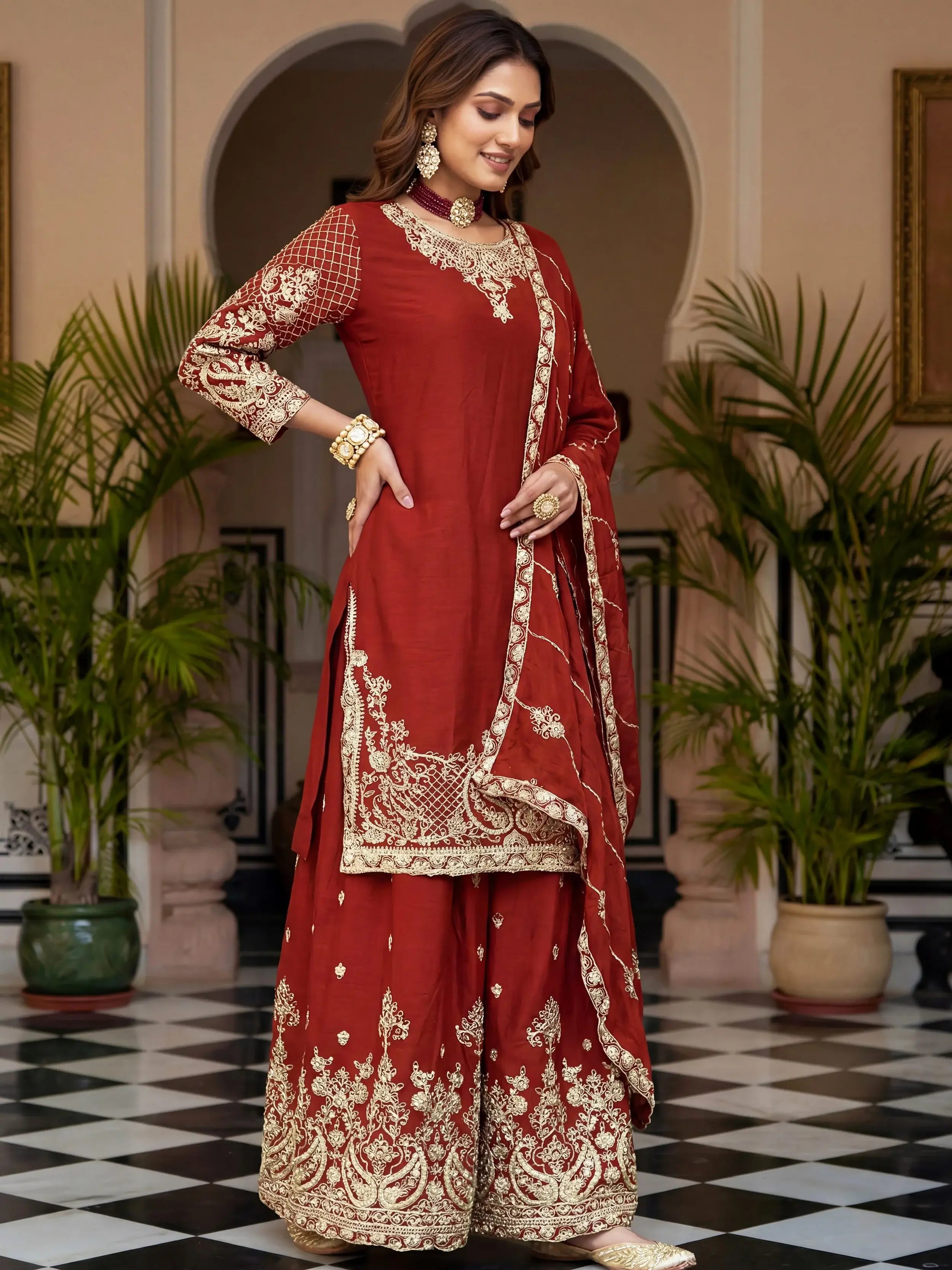 Precious Red Zari Embroidered Chinon Festive Wear Palazzo Suit