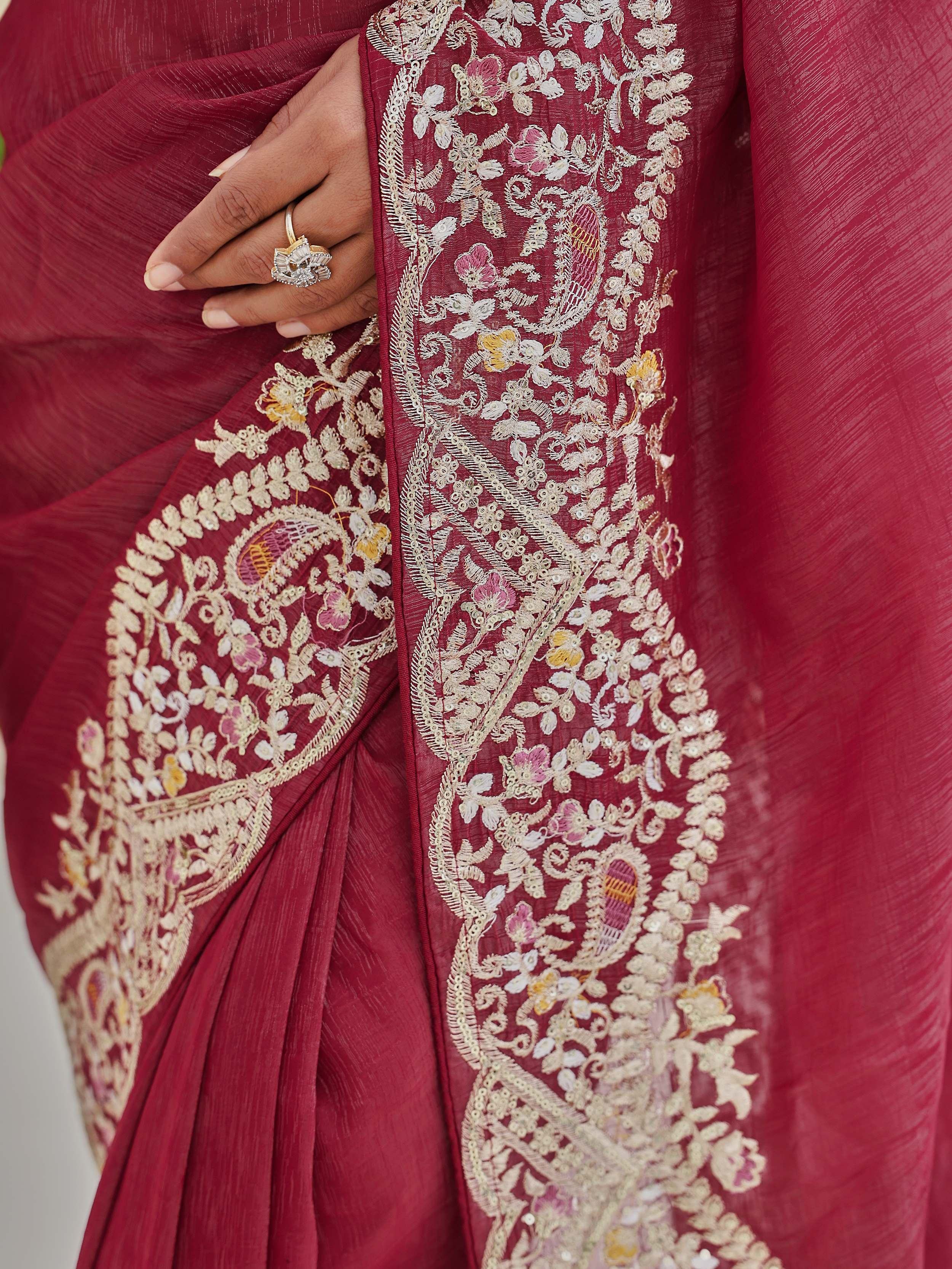 Beautiful Red Sequins Organza Wedding Wear Saree With Blouse