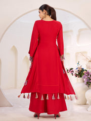 Stunning Red Rayon Thread Embroidered Festival Wear Co-ord Set