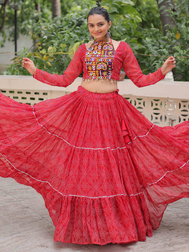 Beautiful Red Gota Patti Work Georgette Navratri Wear Crop Top Lehenga