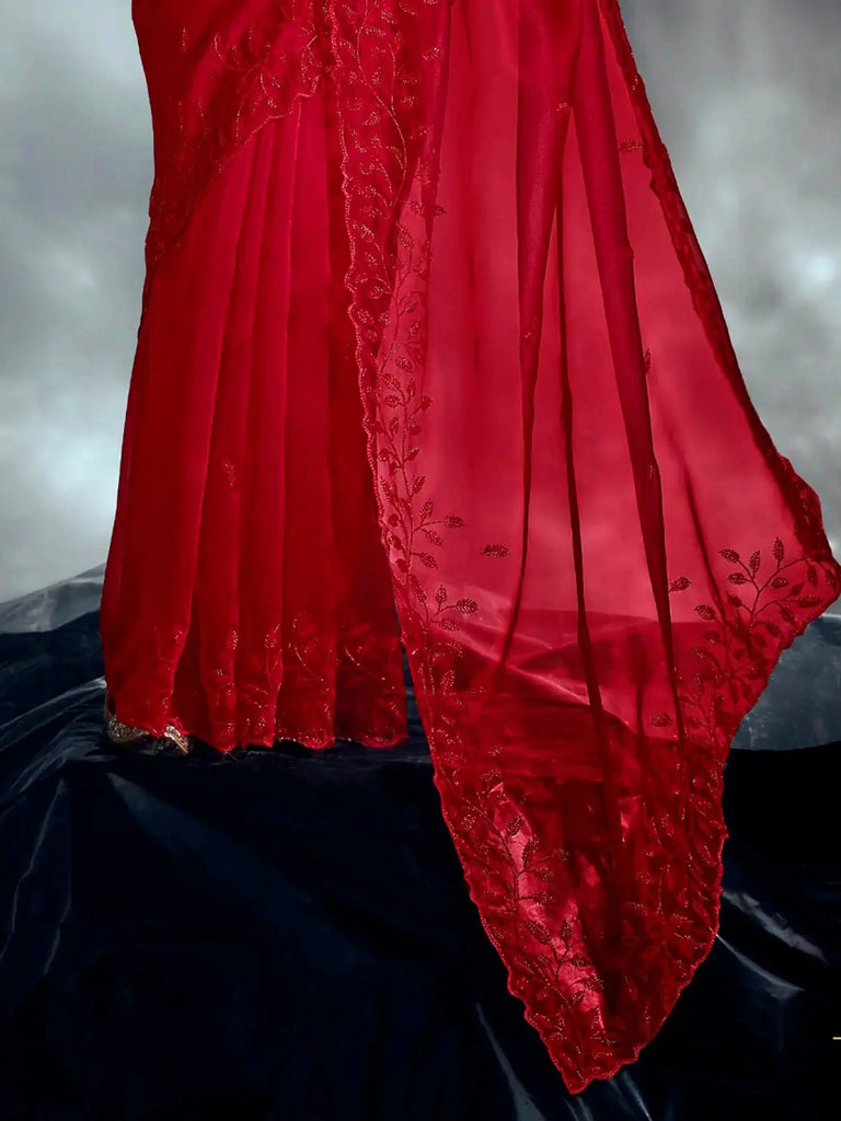 Gorgeous Red Organza Cut Dana Work Wedding Saree With Blouse