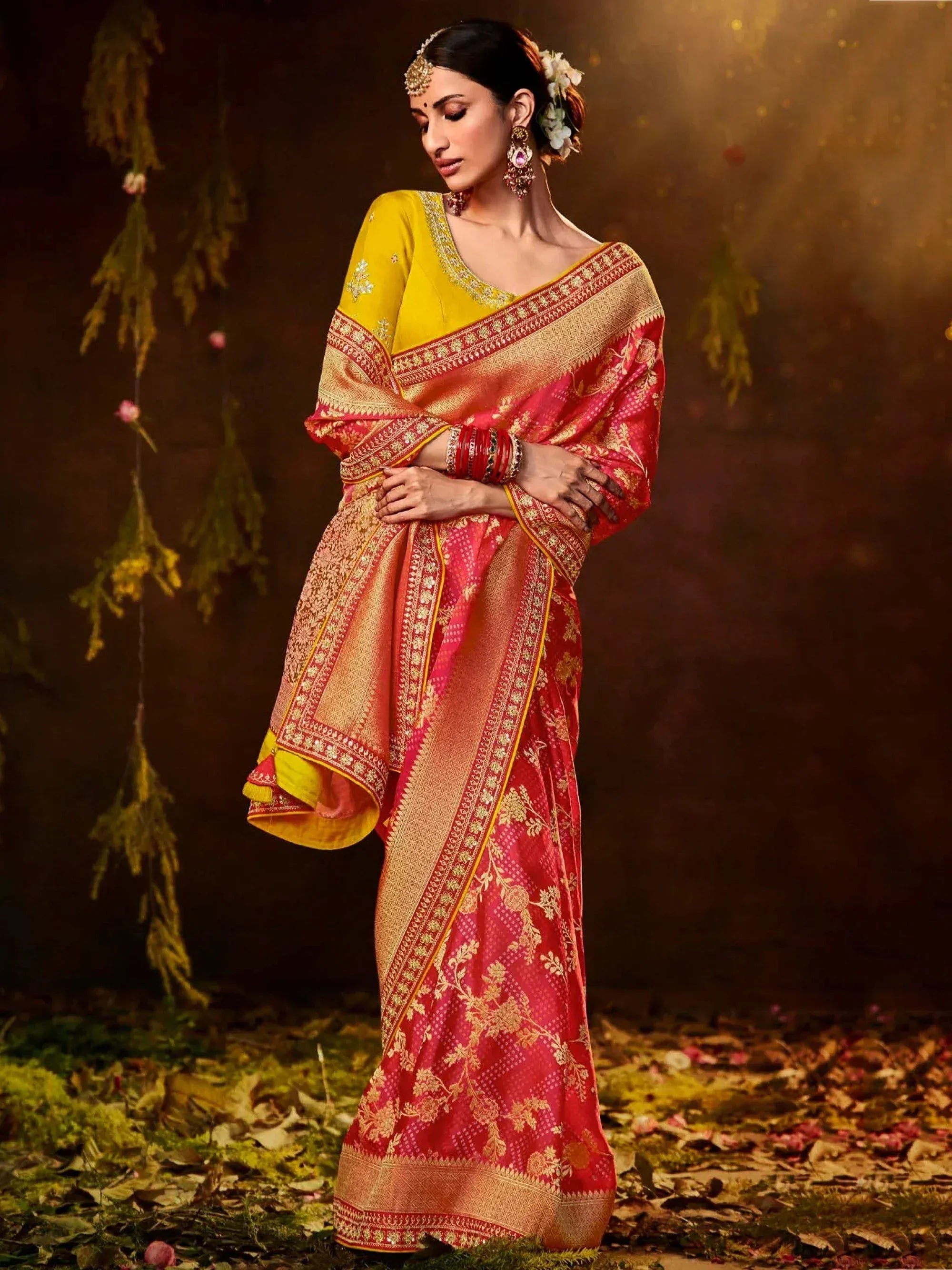 Red and gold designer saree with yellow blouse, perfect for Indian ethnic wear occasions