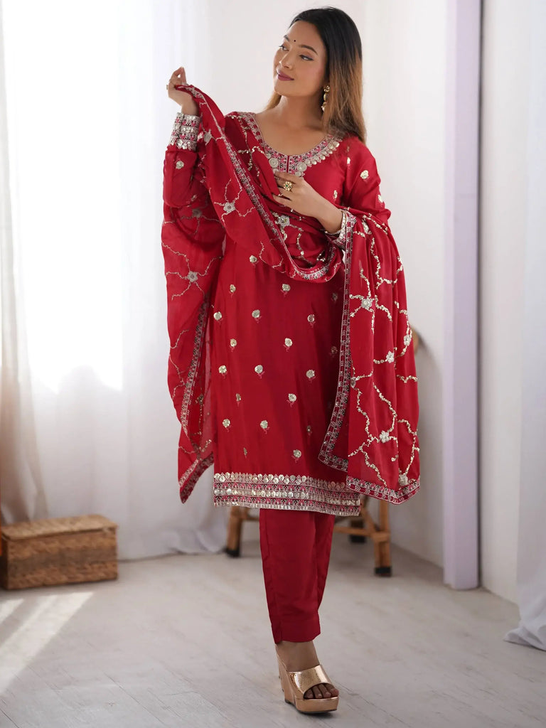 Marvelous Red Thread Work Chinon Festive Wear Pant Suit With Dupatta