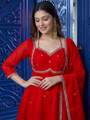 Attractive Red Embroidered Silk Reception Wear Anarkali Gown