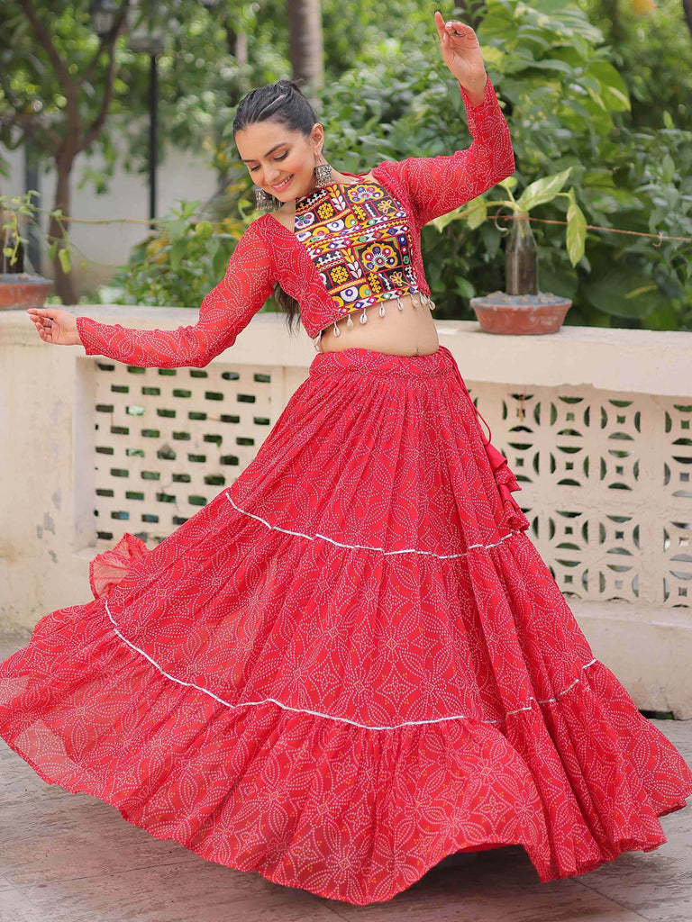 Beautiful Red Gota Patti Work Georgette Navratri Wear Crop Top Lehenga
