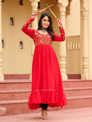 Timeless Red Rayon Kutchi Gamthi Work Traditional Nayra Cut Kurti