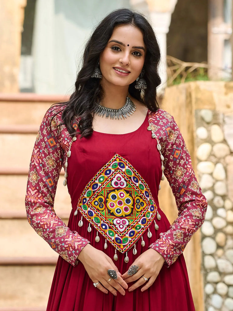 Delicate Red Rayon Gamthi Work Navratri Wear Layered Gown
