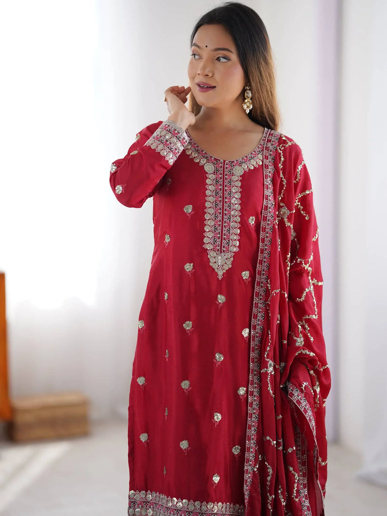 Marvelous Red Thread Work Chinon Festive Wear Pant Suit With Dupatta